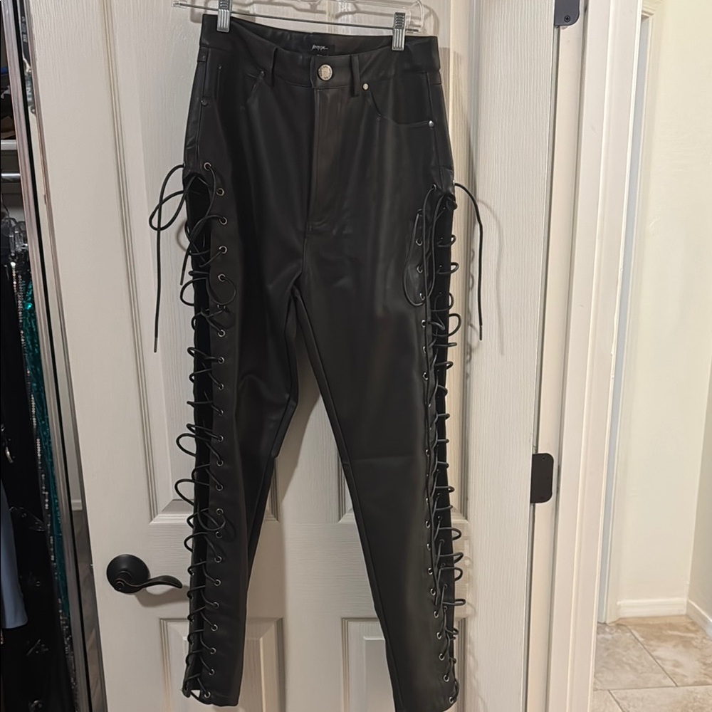 NASTY GAL- Black Lace-Up Faux Leather Pants- NWOT
